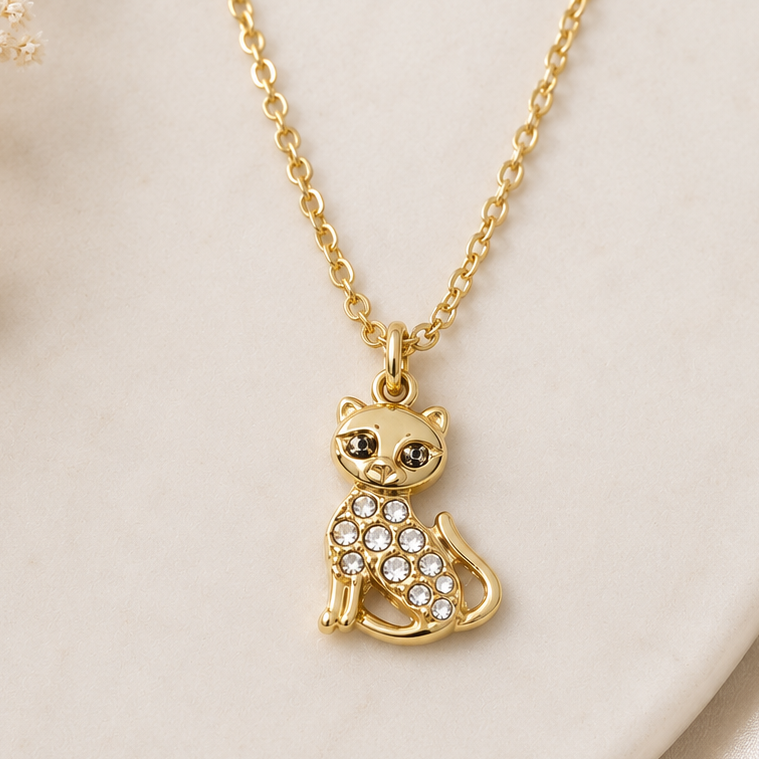 Collar Acero Inoxidable Gato Brillante Dorado