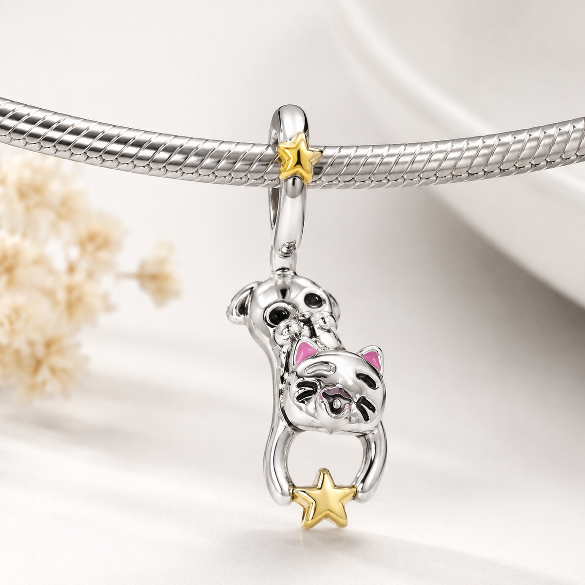Pulsera de Plata de Ley 925 con Corazón y Gatito