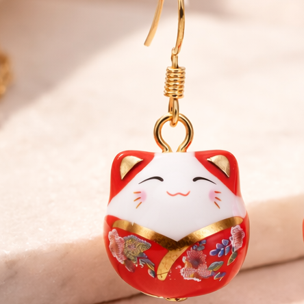 Pendientes de porcelana rojo / gato de la suerte