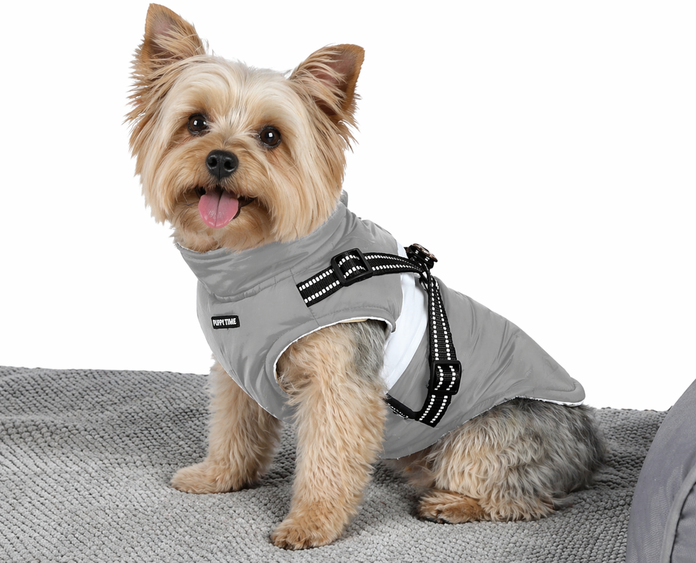 Abrigo para perro con arnés integrado. Color gris