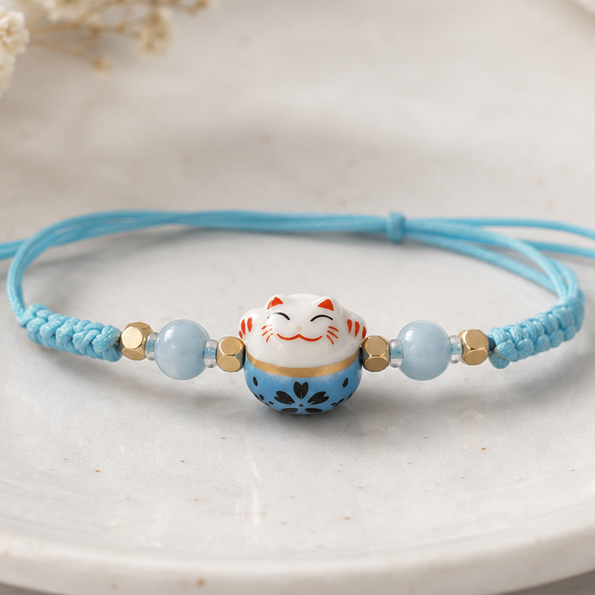 Pulsera de Hilo Ajustable Gato de la Suerte. Azul.