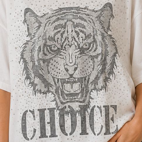 Camiseta Oversize Blanca Tigre &amp; Alas con Strass