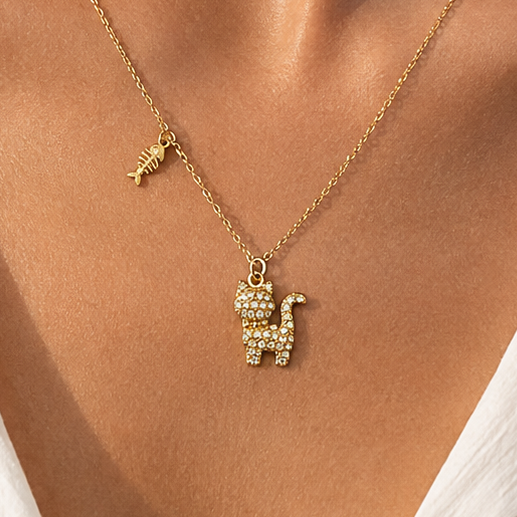 🐱 Collar Dorado Gatito con Brillos y Espina de Pez