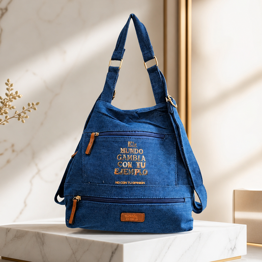 Mochila urbana “El mundo cambia con tu ejemplo, no con tu opinión”. Color azul