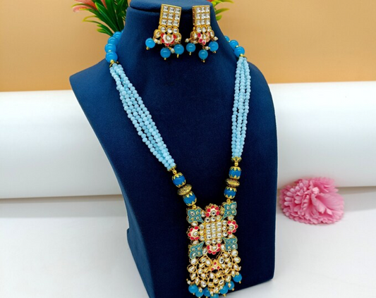 Collar y pendientes de la India con cuentas y piedras color azul