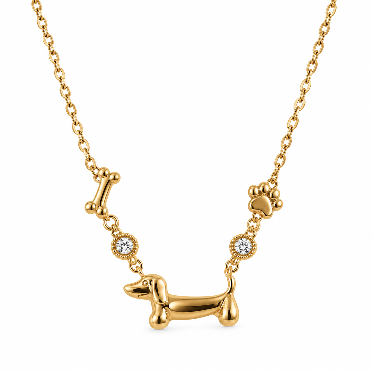 🐶 Collar de Acero Dorado con Perro, Huella y Hueso