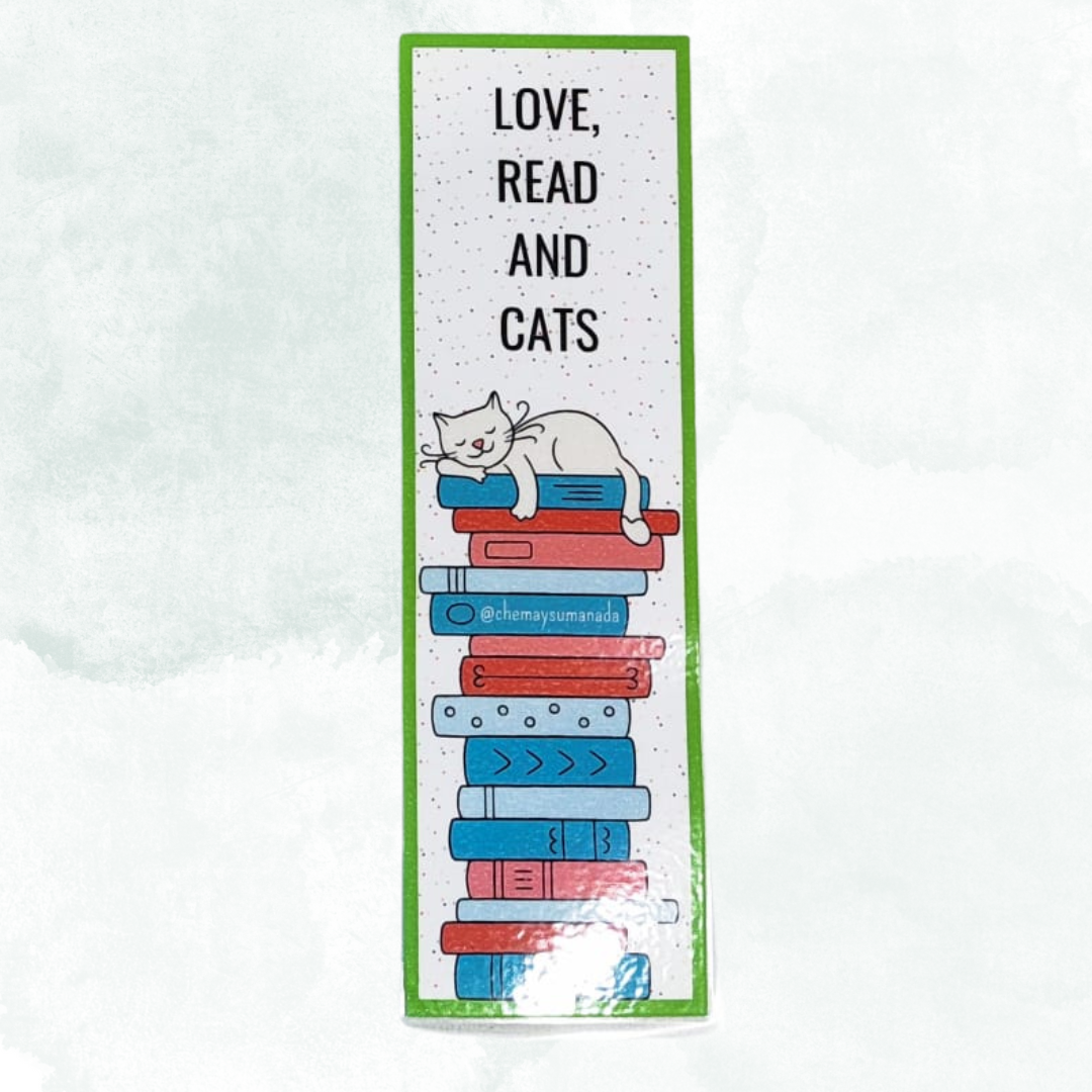 Marcapáginas con diseño de gatito "Love, read and cats", color verde