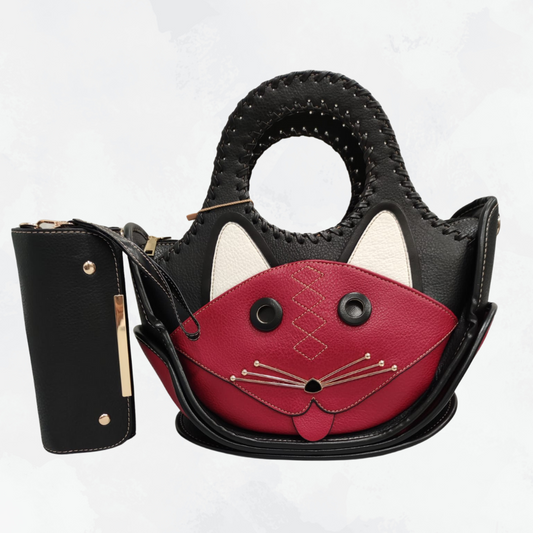 Bolso en forma de gato en tonos negros y rojos