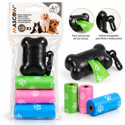 Dispensador de bolsas higiénicas + 3 rollos para mascotas