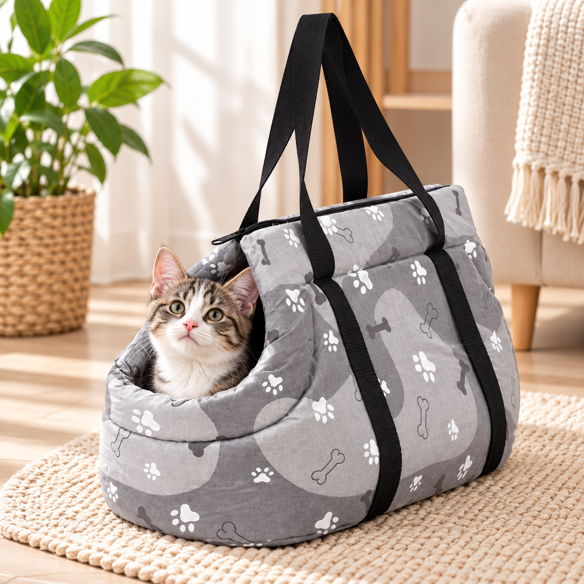 Bolso transportín estampado para mascotas – Gris