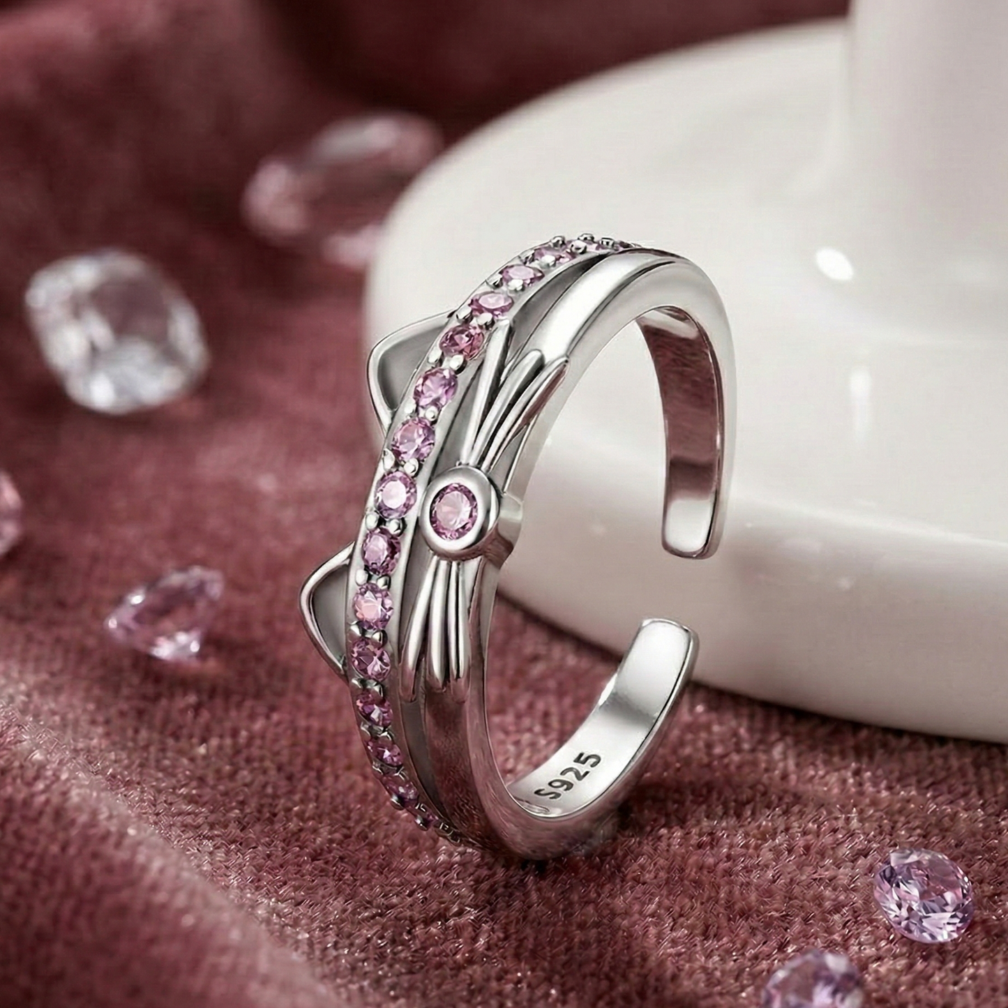 Anillo de Plata de Ley y Circonitas rosas con orejas y bigote de gatete