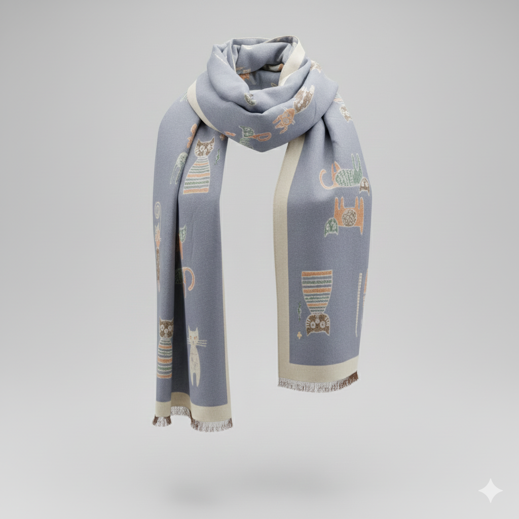 Bufanda Reversible Gatitos – Modelo Gris azulado