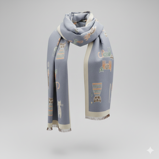 Bufanda Reversible Gatitos – Modelo Gris azulado