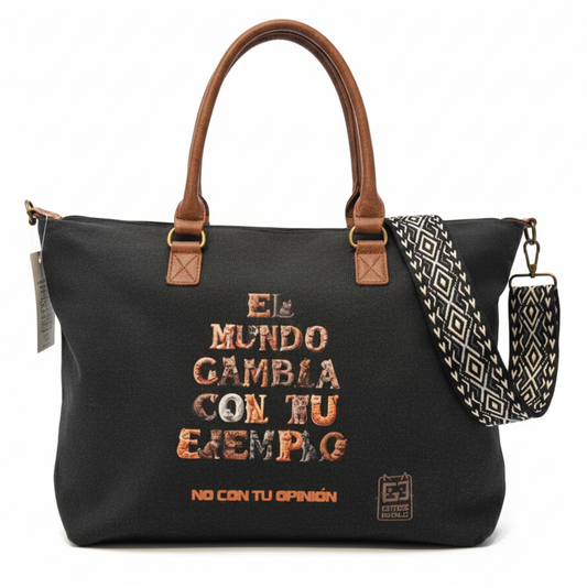 Bolso de tela negro “El mundo cambia con tu ejemplo, no con tu opinión”