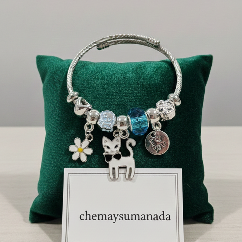 Pulsera Charms Gatito – Acero Inoxidable- plateada