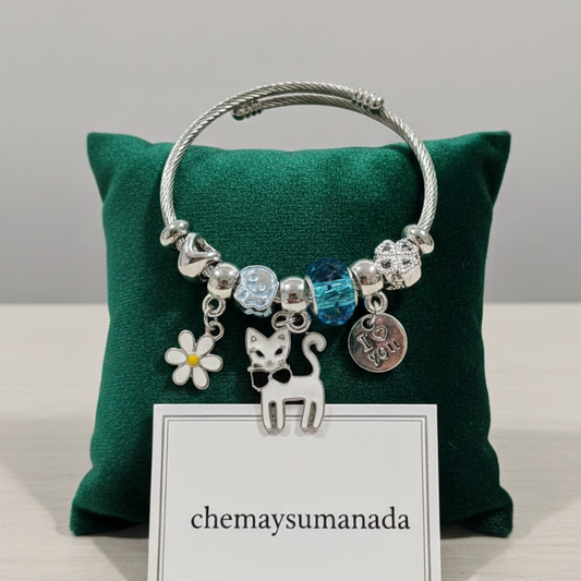 Pulsera Charms Gatito – Acero Inoxidable- plateada