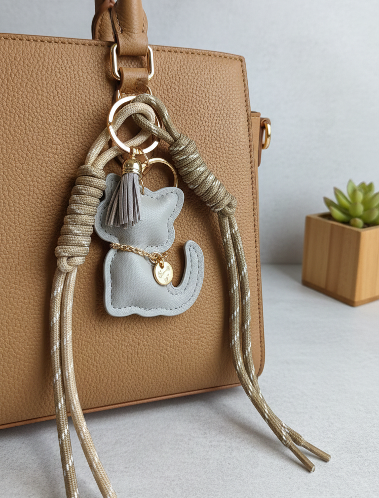 Llavero Colgante Gatuno para Bolso. Gris