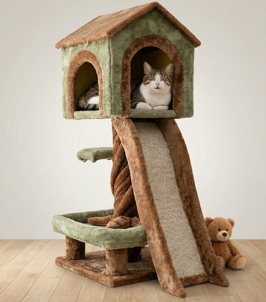 Árbol rascador para gatos con casita y rampa