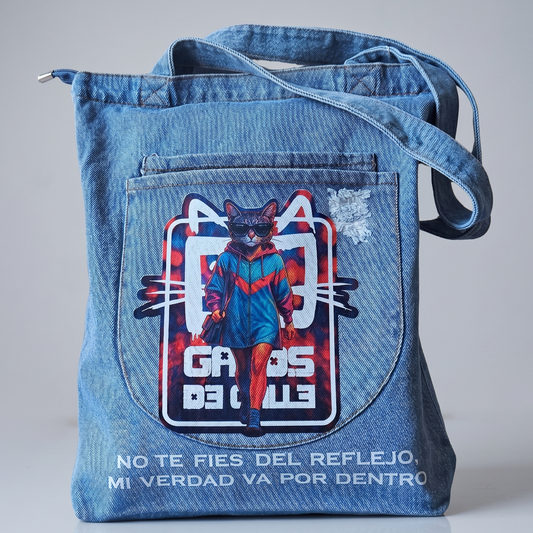 Tote bag denim “No te fíes del reflejo, mi verdad va por dentro”