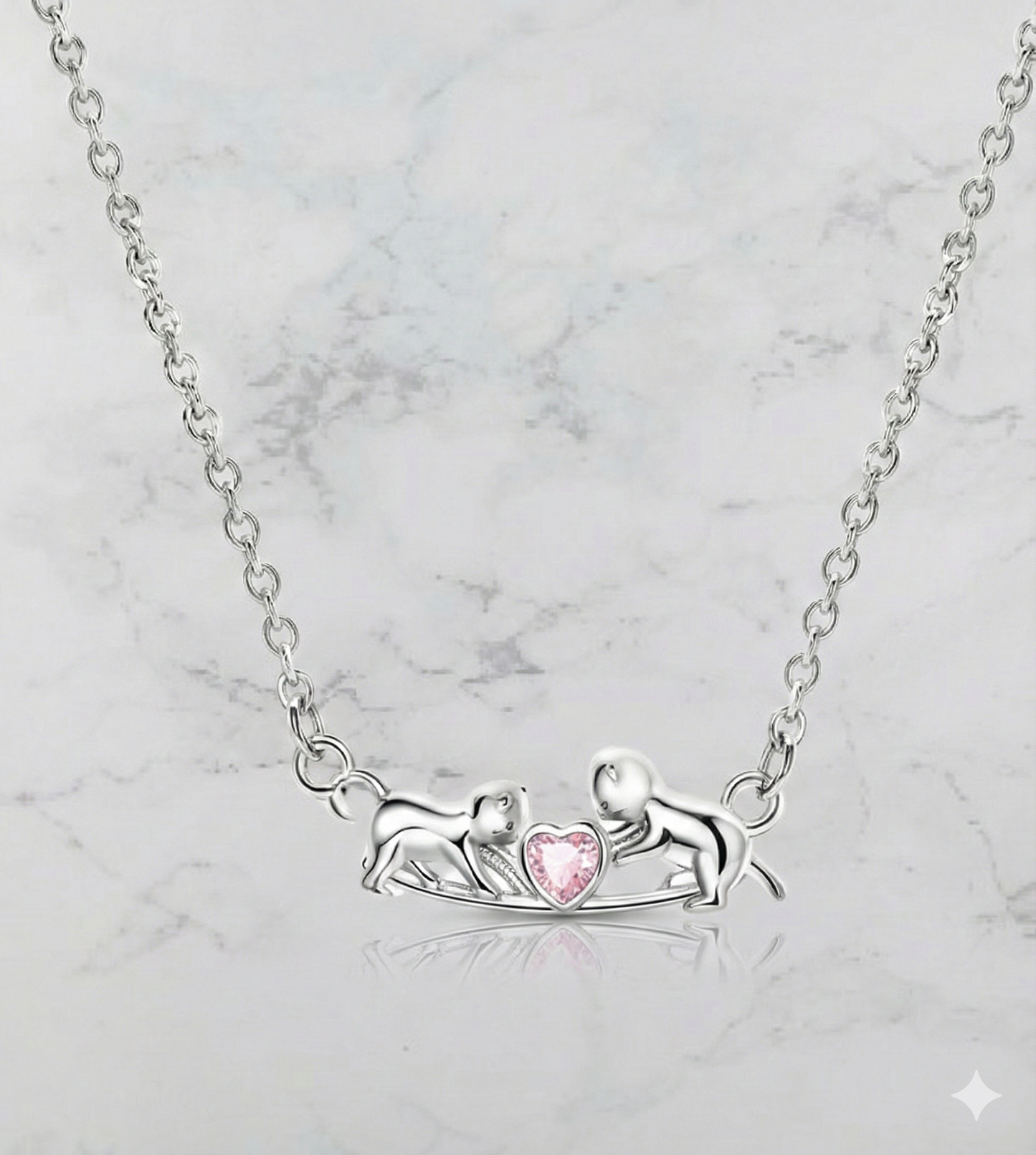 Collar de Plata de Ley Gatitos con Corazón Rosa