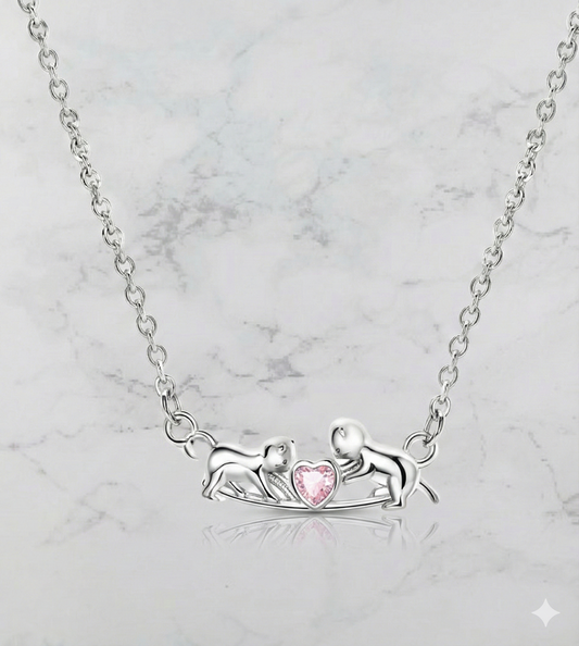 Collar de Plata de Ley Gatitos con Corazón Rosa