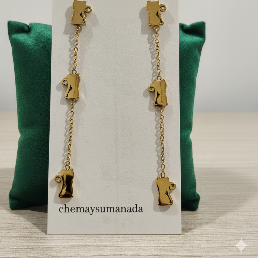 Pendientes Largos Gatitos – Acero Inoxidable-dorados