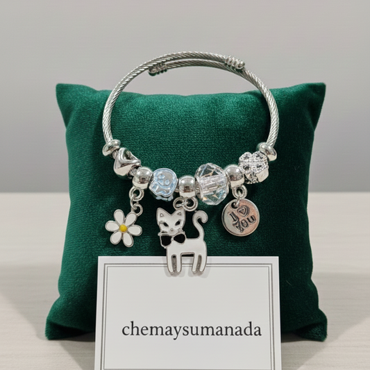 Pulsera Charms Gatito – Acero Inoxidable- plateada 2