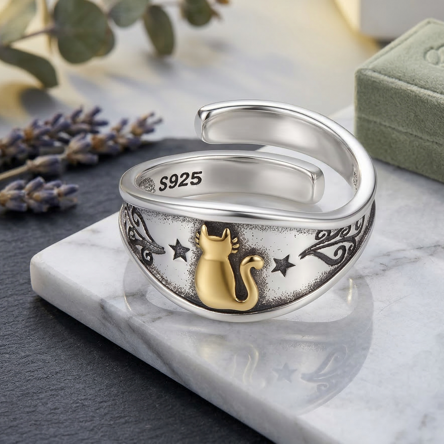 Anillo de Plata de Ley de gatito y estrellas