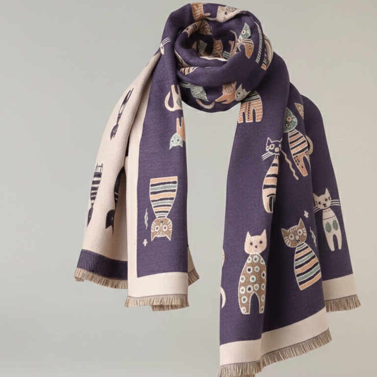 Bufanda Reversible Gatos – Color Morado