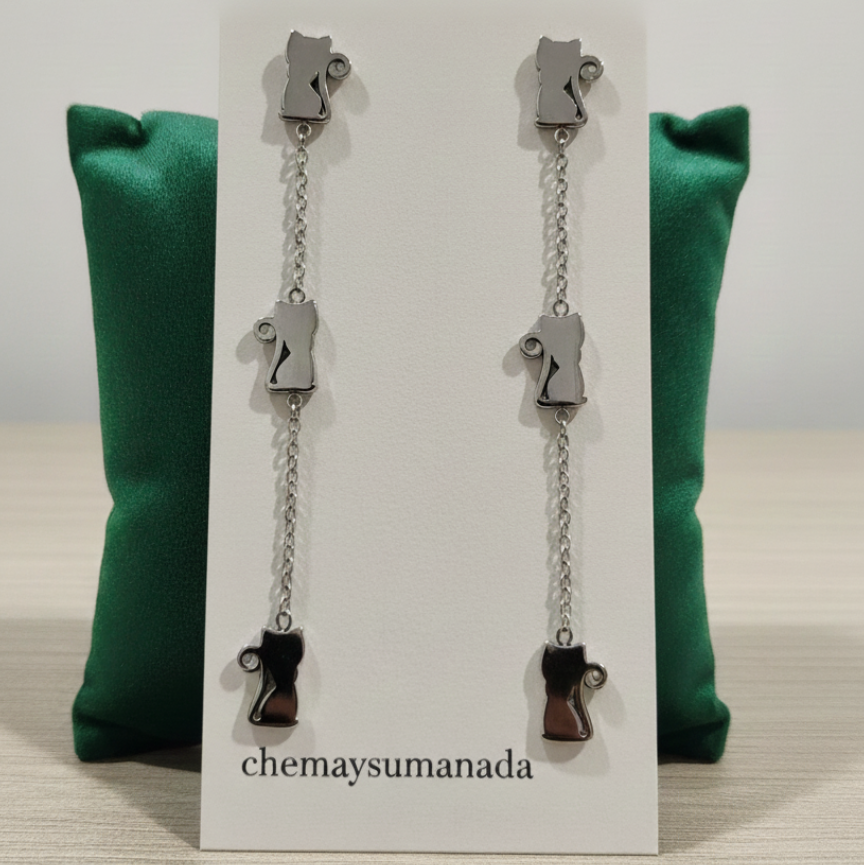 Pendientes Largos Gatitos – Acero Inoxidable-plateados