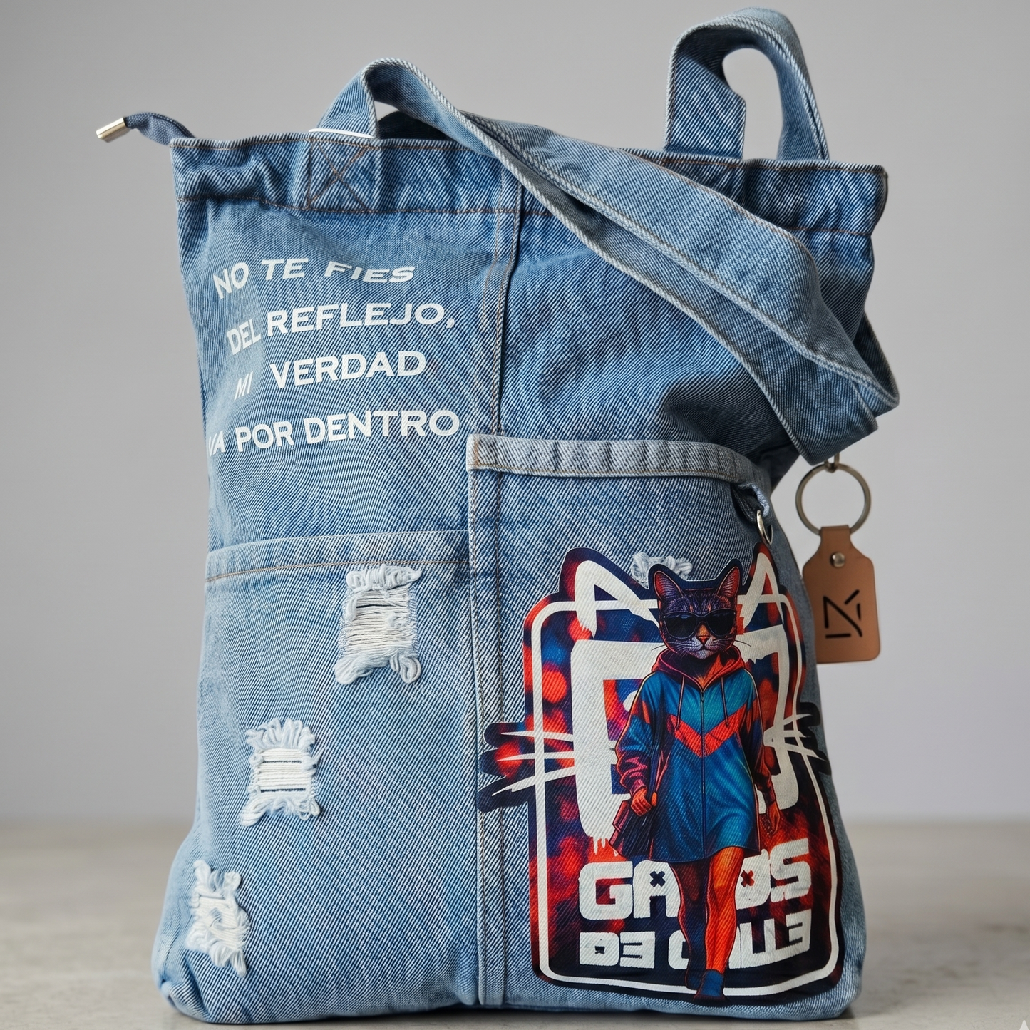 Tote bag denim “No te fíes del reflejo, mi verdad va por dentro”