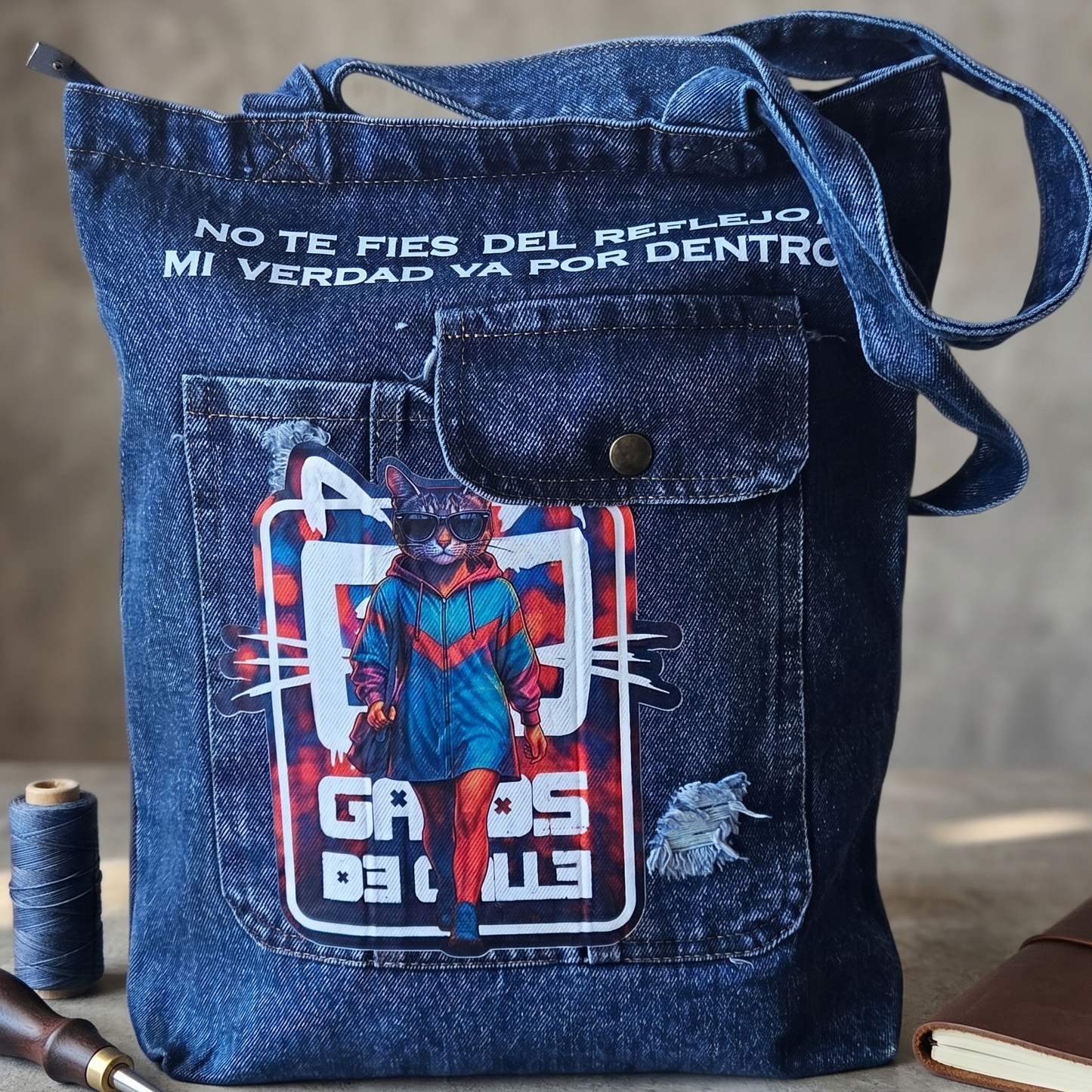 Tote bag denim “No te fíes del reflejo, mi verdad va por dentro”