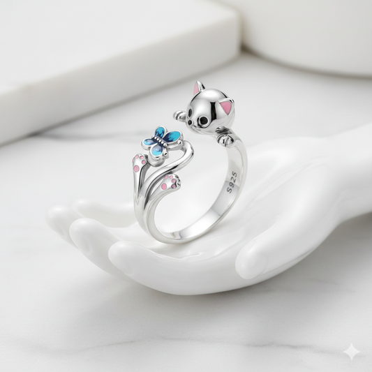 Anillo ajustable de plata de ley con gatito y mariposa