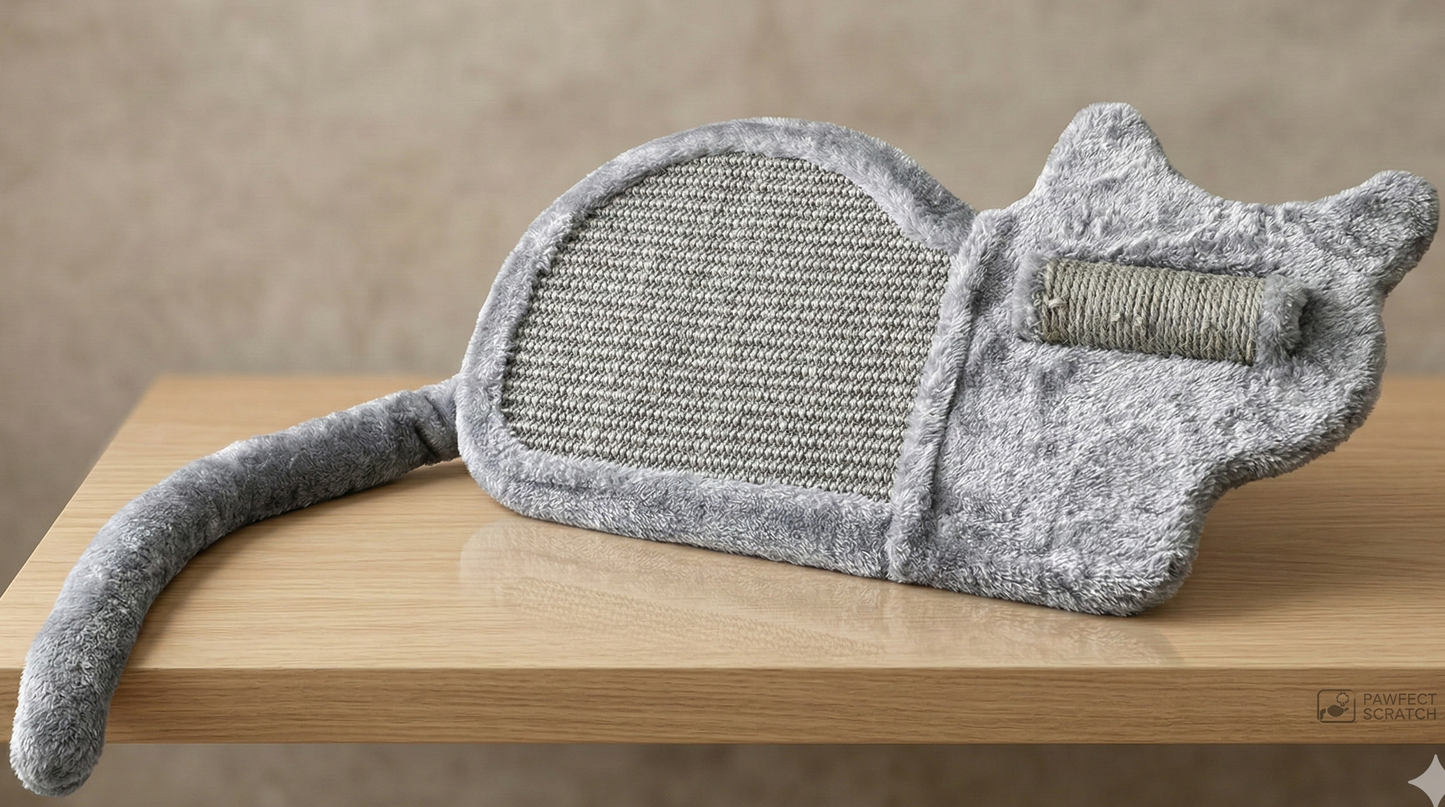 Rascador inclinado de madera para gatos con forma de gato