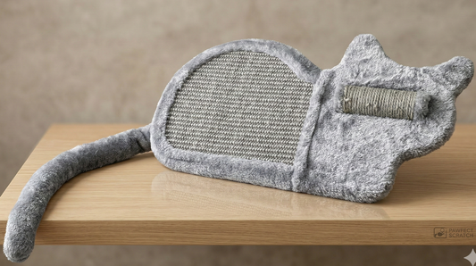 Rascador inclinado de madera para gatos con forma de gato