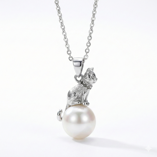 Cadena  en plata de ley con colgante de gatito sentado sobre perla