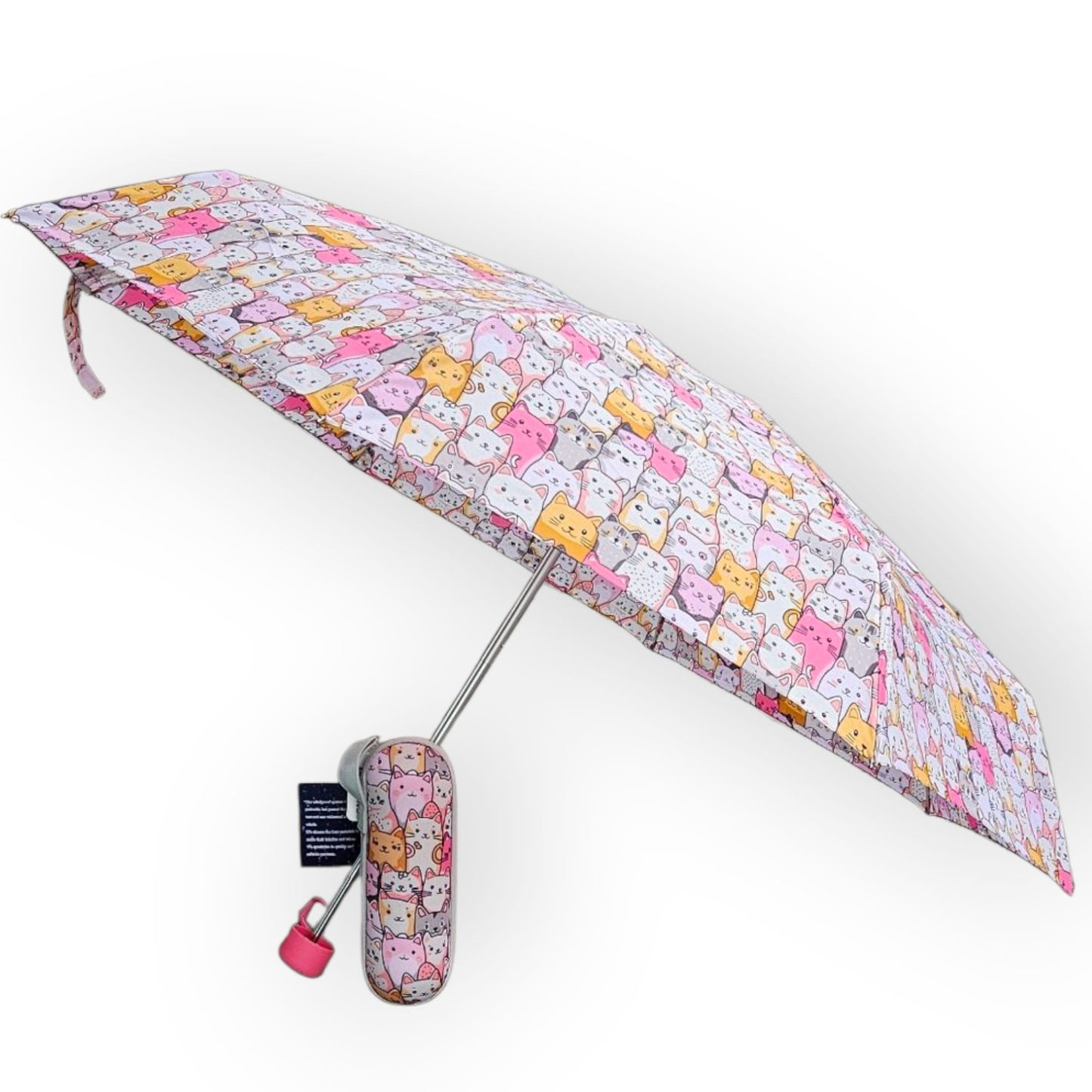 Paraguas plegable con funda rígida antiviento – mango fucsia.