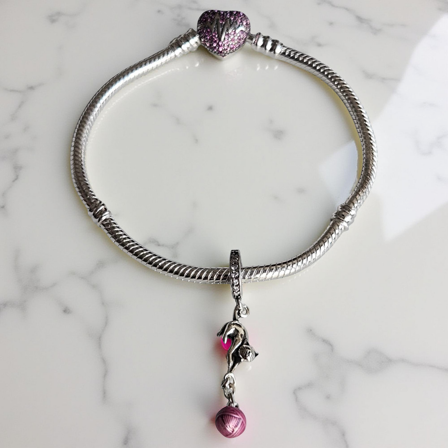 Pulsera Plata + Charm Gatito con Ovillo