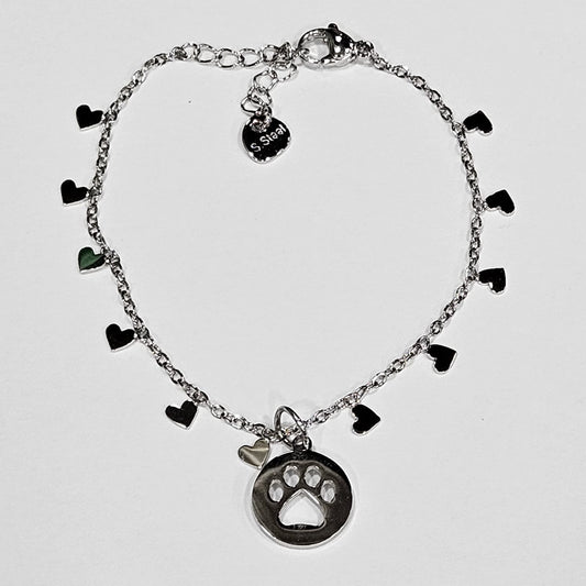 Pulsera de acero con corazones y colgante de huella de gatito