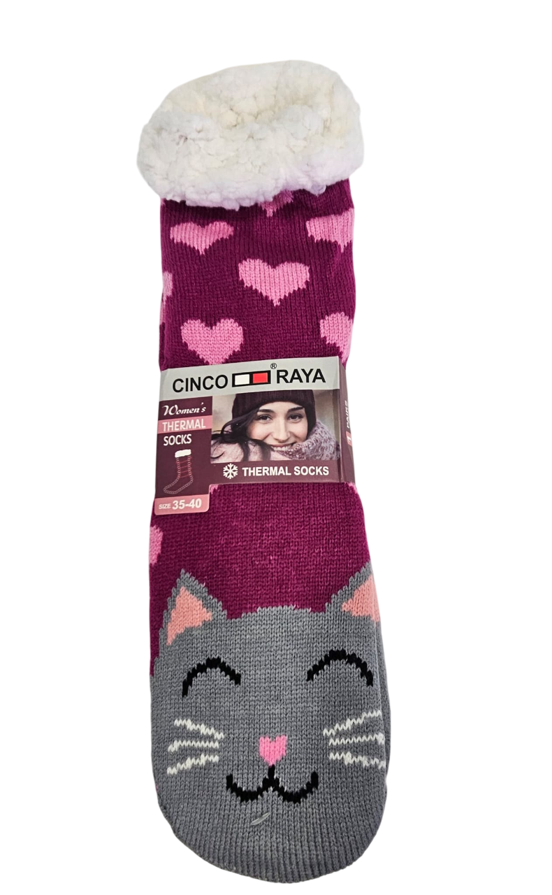 Calcetines antideslizantes térmicos morados con gatito y corazones rosas