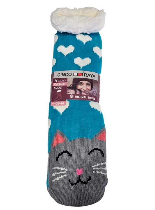 Calcetines antideslizantes térmicos azules con gatito y corazones blancos