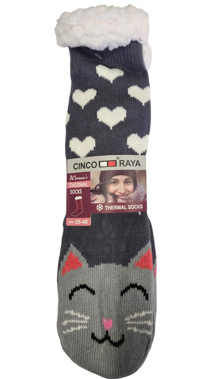 Calcetines antideslizantes térmicos grises con gatito gris y corazones blancos