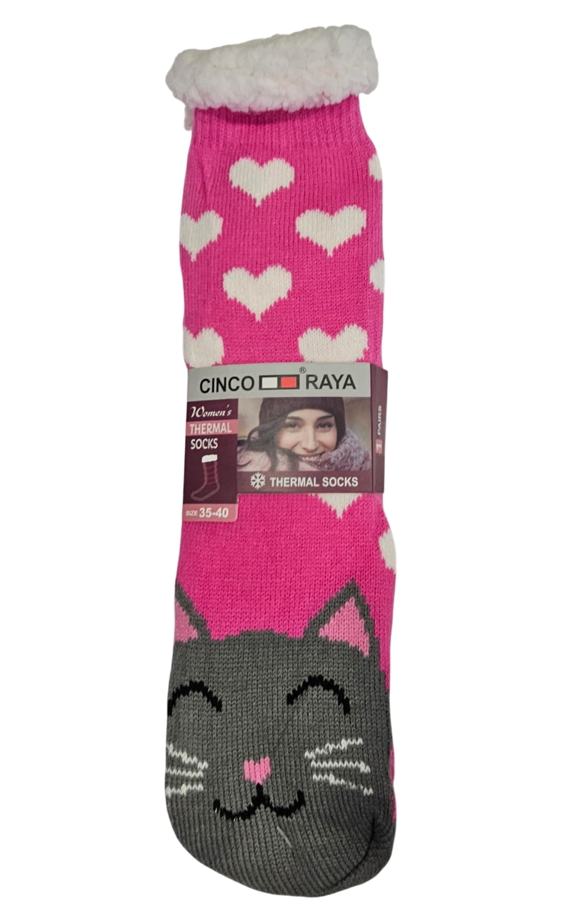 Calcetines antideslizantes térmicos fucsia con gatito gris y corazones blancos