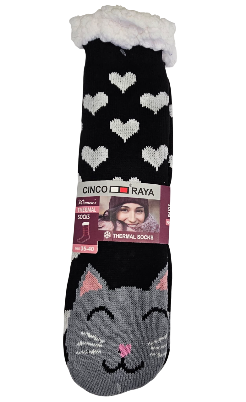 Calcetines antideslizantes térmicos negro con gatito y corazones blancos