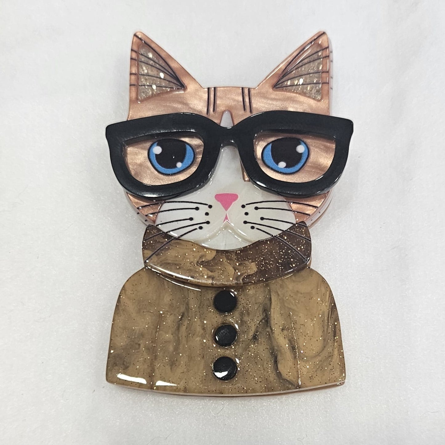 Broche de gatito en resina con gafas tonos tierra