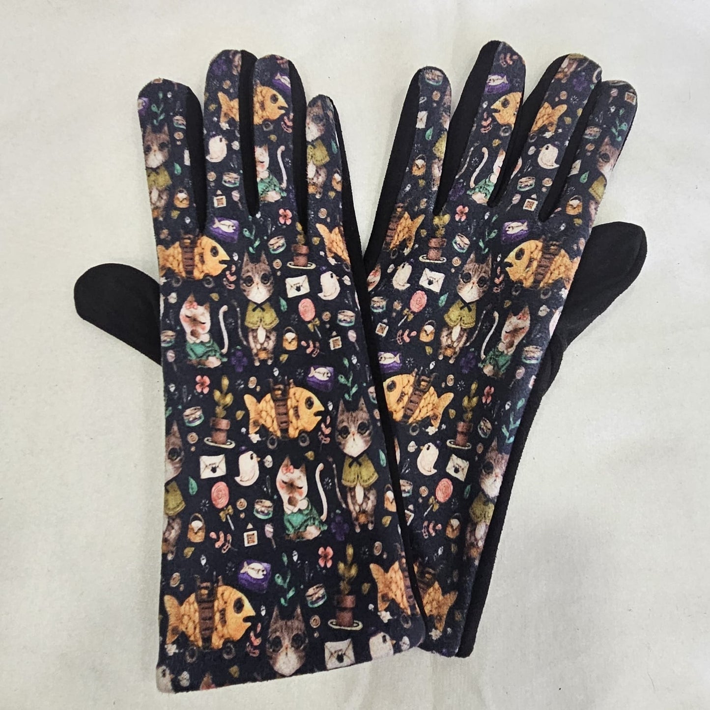 Guantes táctiles estampado colororido con gatitos y peces