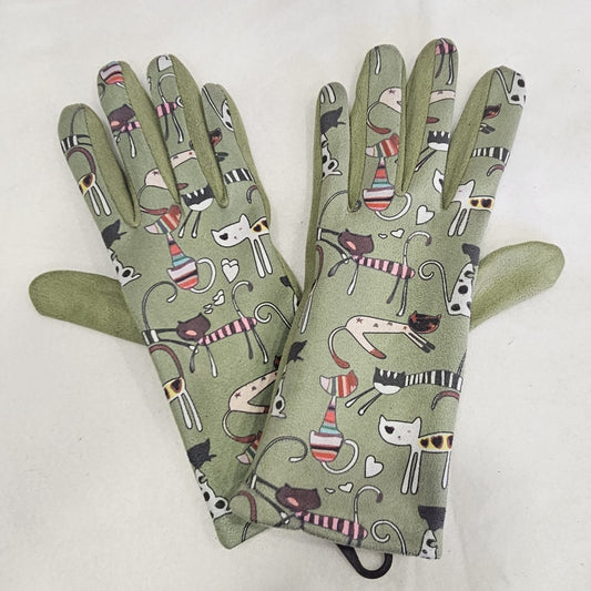 Guantes táctiles estampado de gatitos fondo verde