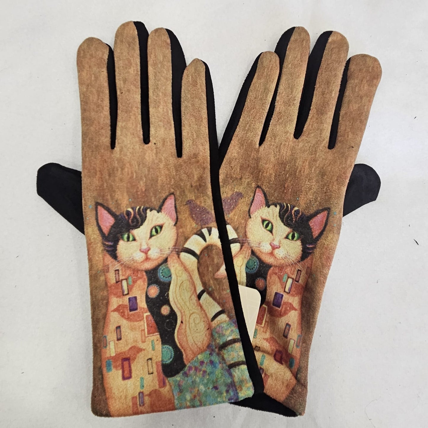 Guantes táctiles estampado de gatitos fondo beige