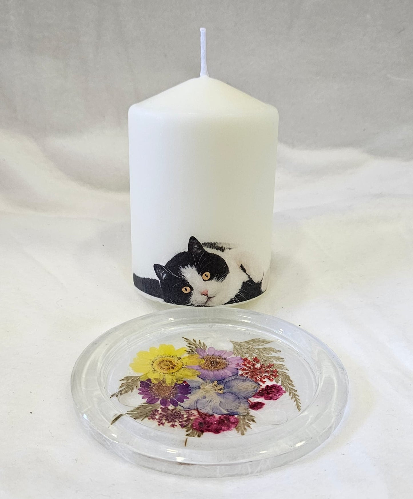 Vela de gato con plato de flores secas 8