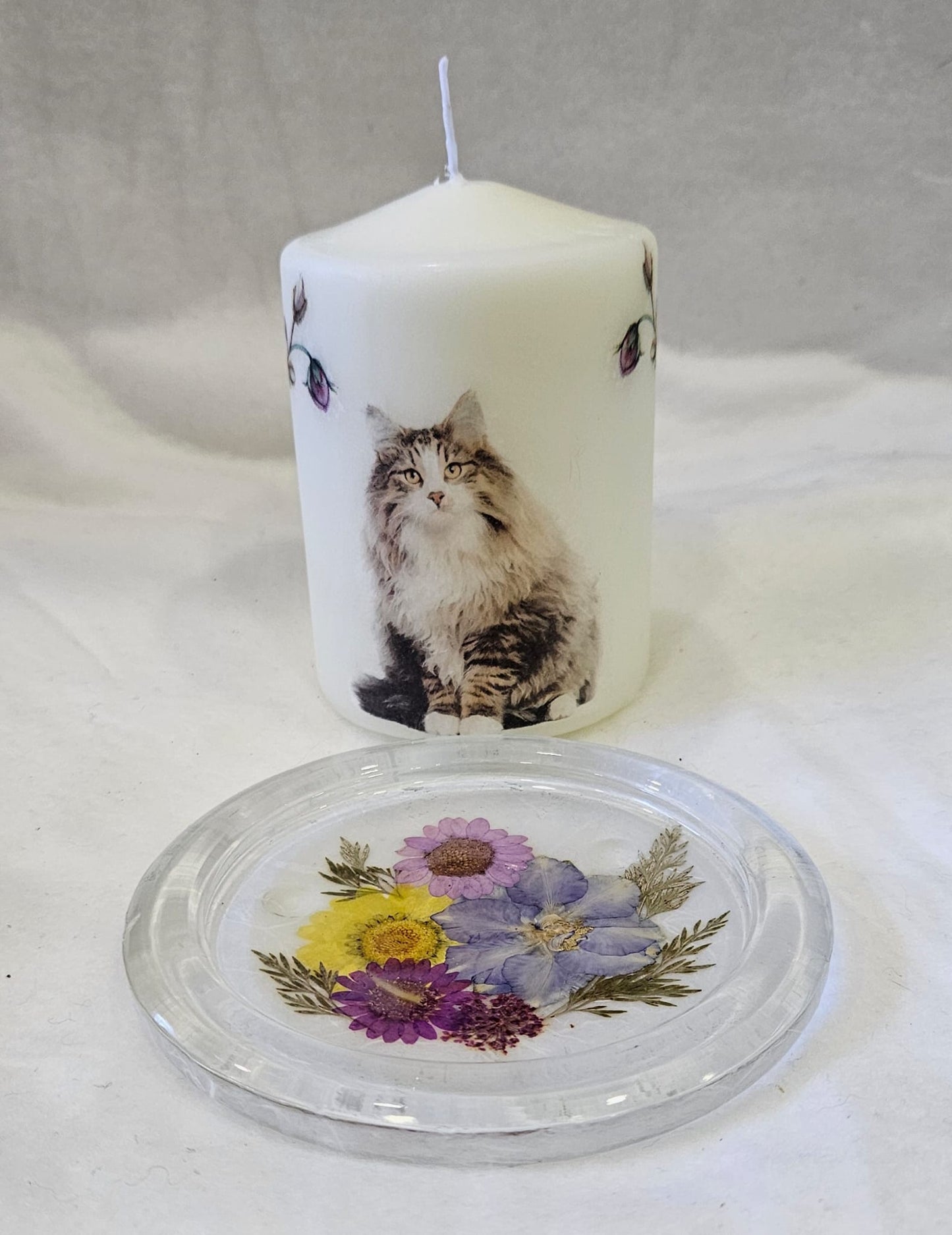 Vela de gato con plato de flores secas 10